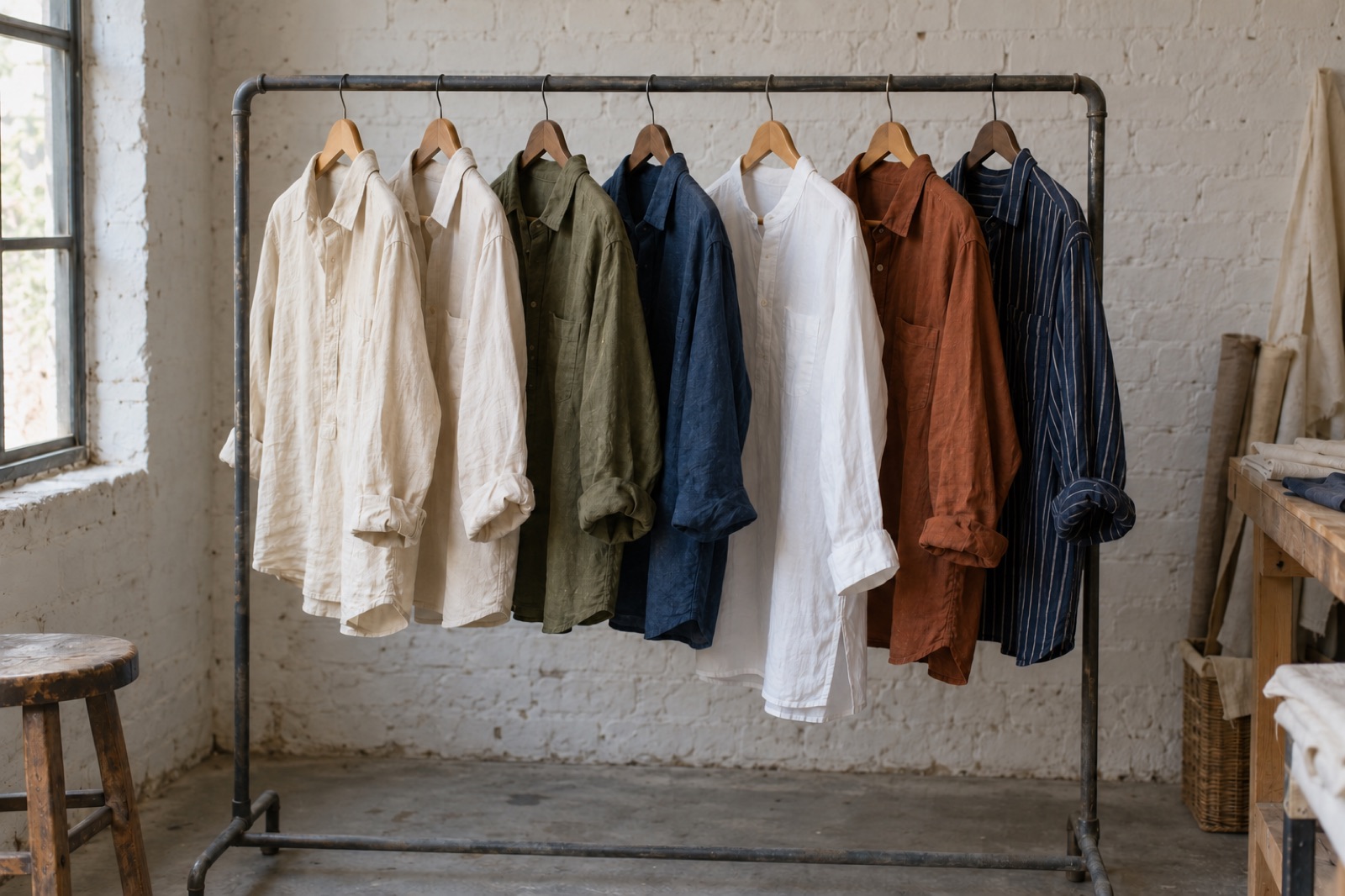 Linen shirts on a rail in a garment workshop